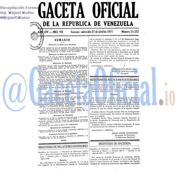 Gaceta Oficial 31222 del 27 Abril 1977