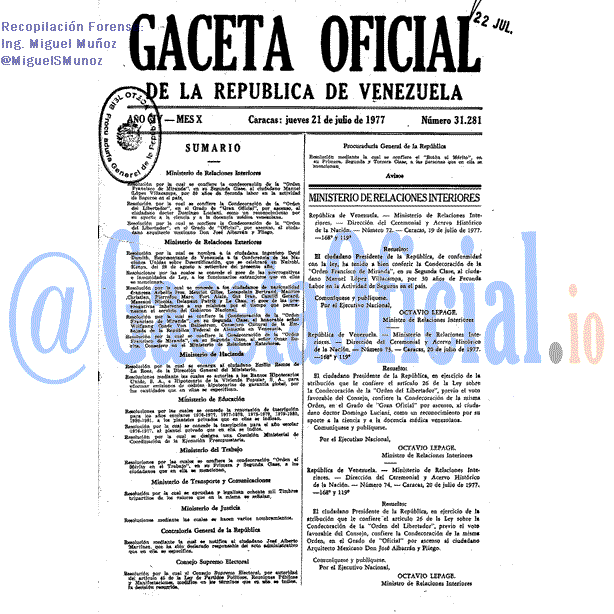 Gaceta Oficial 31281 del 21 Julio 1977