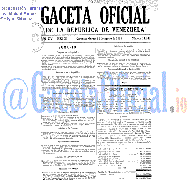 Gaceta Oficial 31306 del 26 Agosto 1977