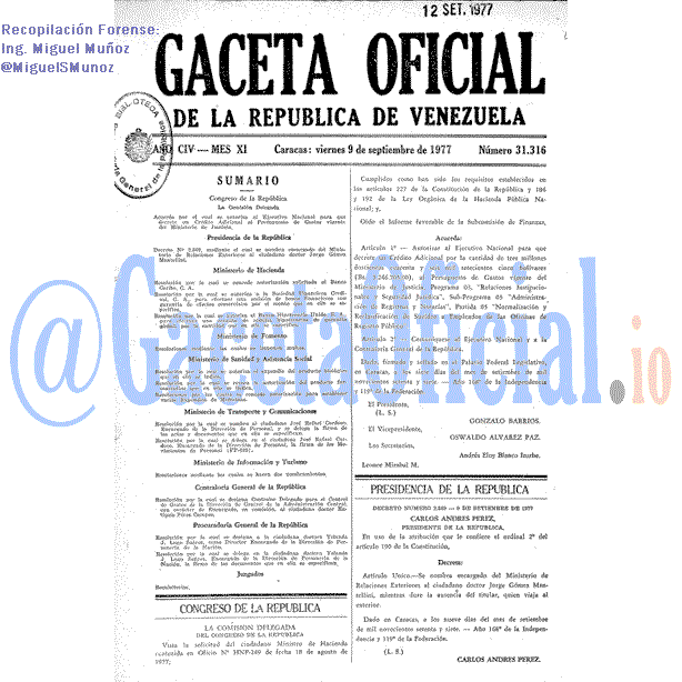 Gaceta Oficial 31316 del 9 Septiembre 1977