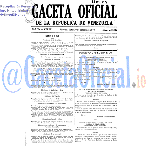 Gaceta Oficial 31337 del 10 Octubre 1977