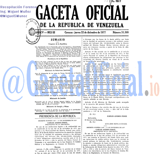 Gaceta Oficial 31388 del 22 Diciembre 1977