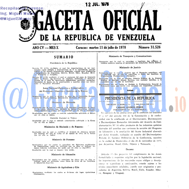 Gaceta Oficial 31526 del 11 Julio 1978