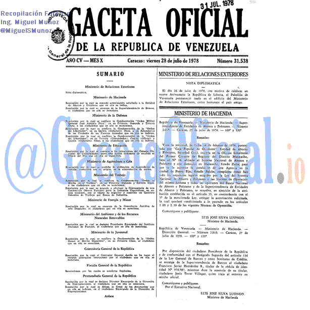 Gaceta Oficial 31538 del 28 Julio 1978