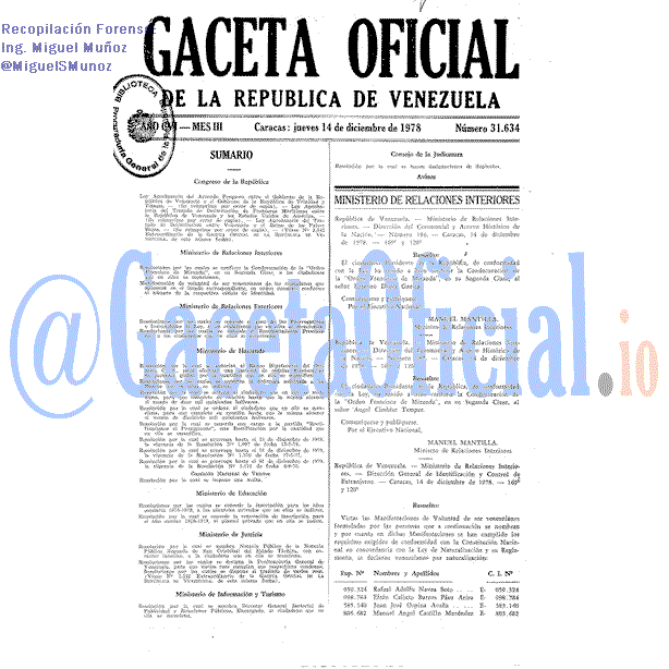 Gaceta Oficial 31634 del 14 Diciembre 1978