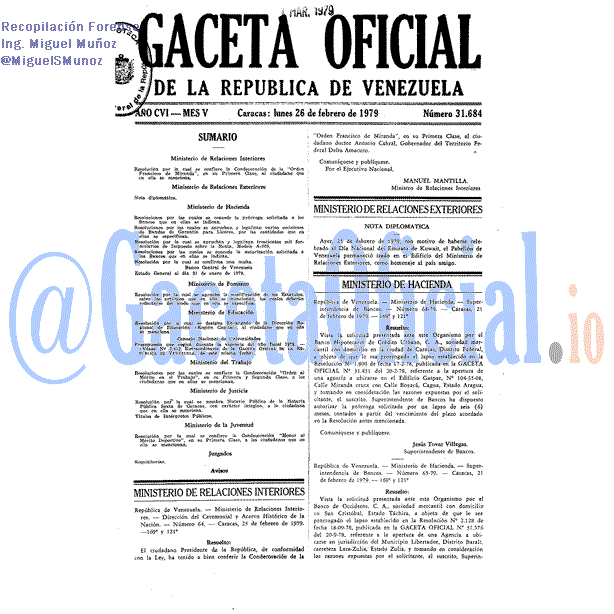 Gaceta Oficial 31684 del 26 Febrero 1979