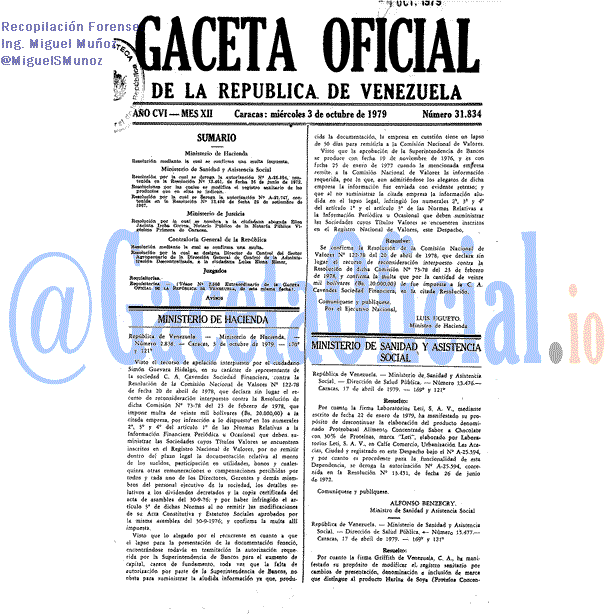 Gaceta Oficial 31834 del 3 Octubre 1979