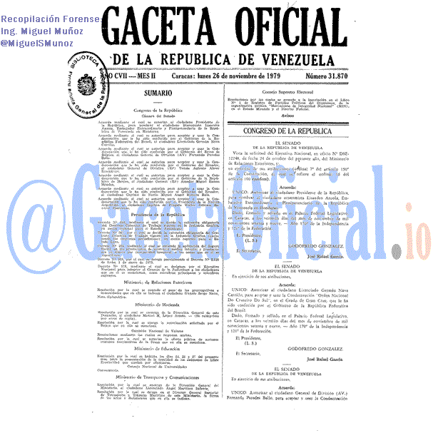 Gaceta Oficial 31870 del 26 Noviembre 1979