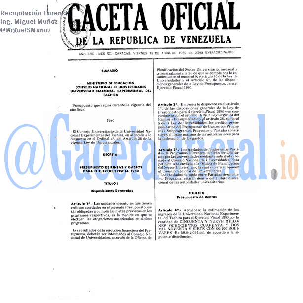 Gaceta Oficial 2599 del 18 Abril 1980
