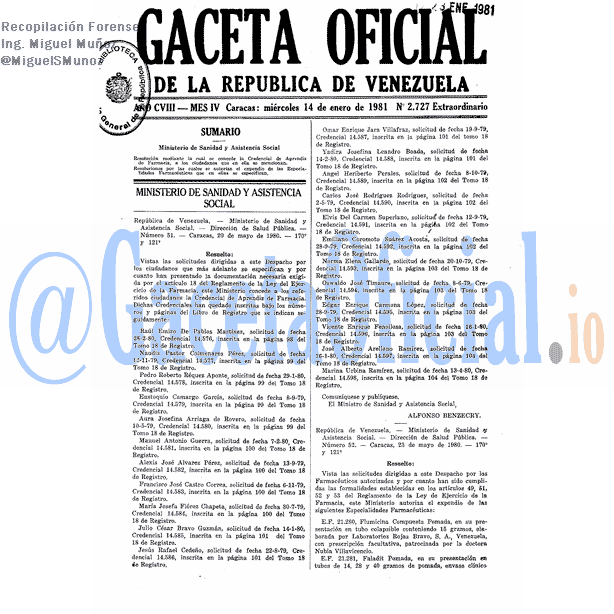 Gaceta Oficial 2727 del 14 Enero 1981