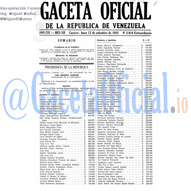 Gaceta Oficial 3016 del 13 Septiembre 1982