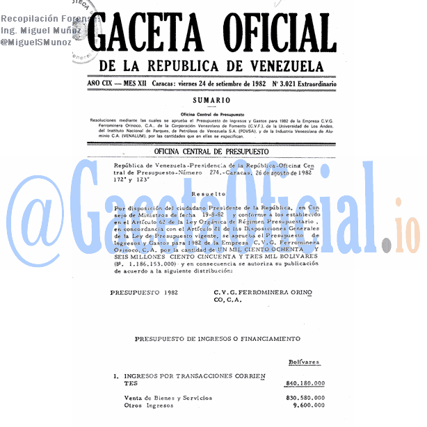 Gaceta Oficial 3021 del 24 Septiembre 1982