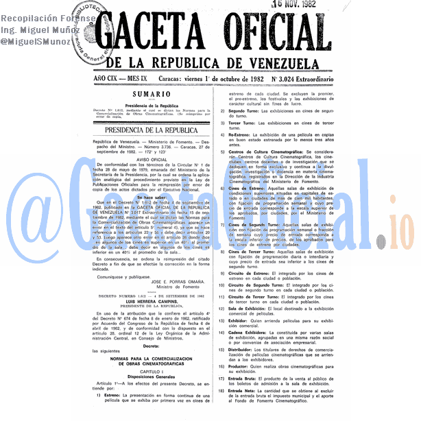 Gaceta Oficial 3024 del 1 Octubre 1982