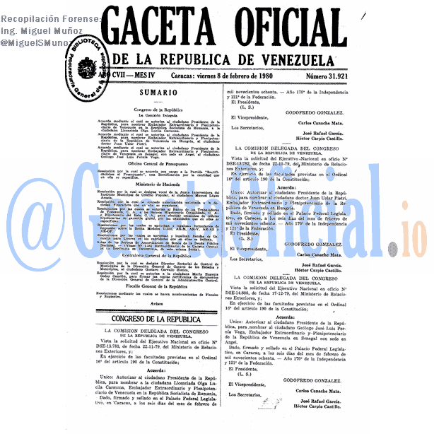 Gaceta Oficial 31921 del 8 Febrero 1980