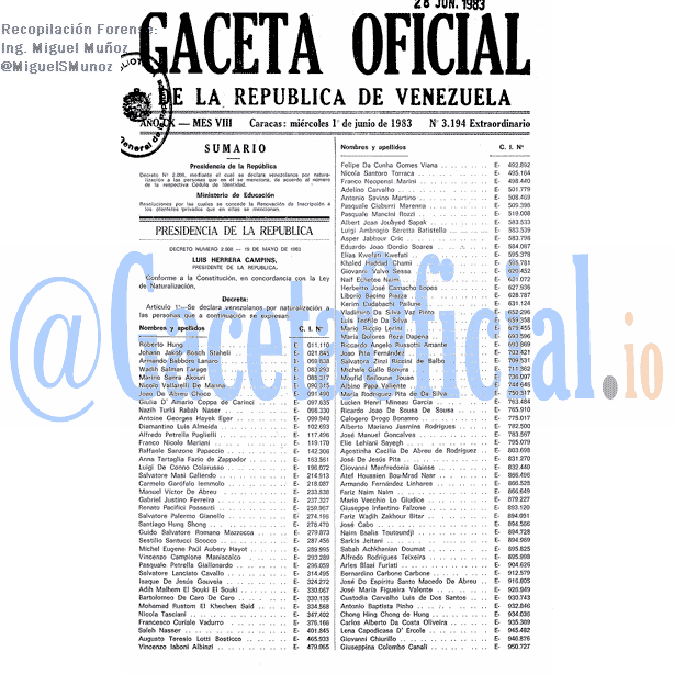 Gaceta Oficial 3194 del 1 Junio 1983