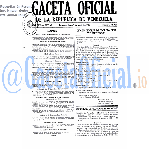 Gaceta Oficial 31957 del 7 Abril 1980