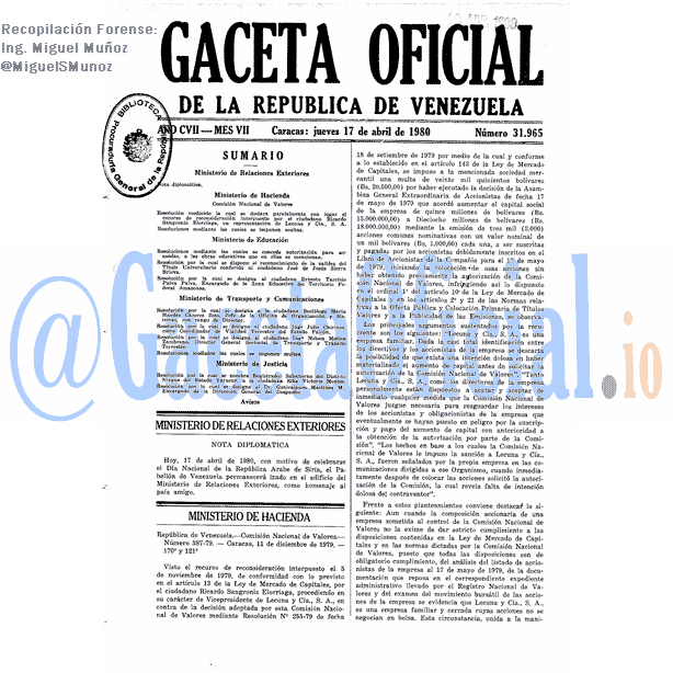 Gaceta Oficial 31965 del 17 Abril 1980