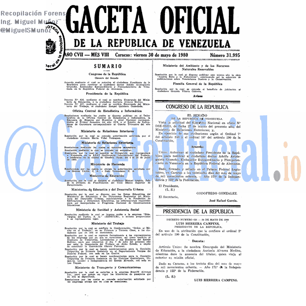 Gaceta Oficial 31995 del 30 Mayo 1980
