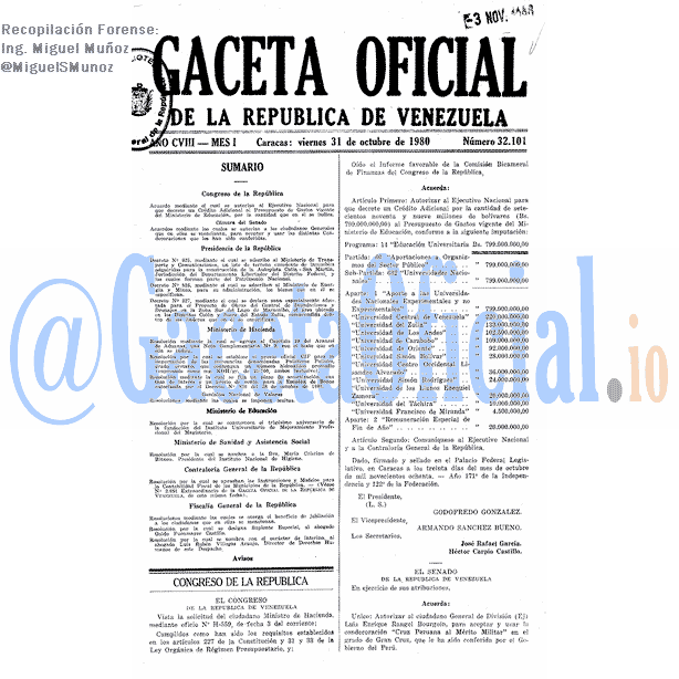 Gaceta Oficial 32101 del 31 Octubre 1980