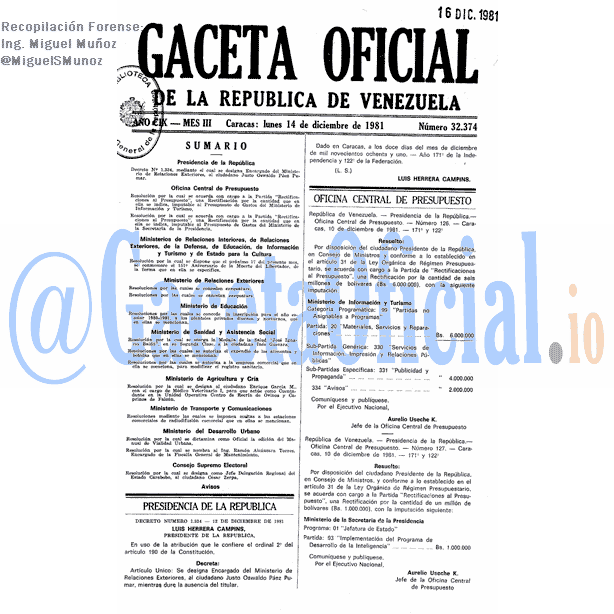 Gaceta Oficial 32374 del 14 Diciembre 1981