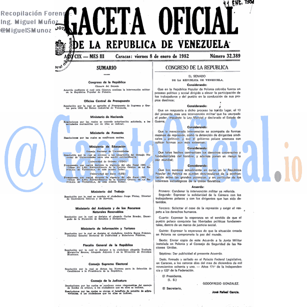 Gaceta Oficial 32389 del 8 Enero 1982