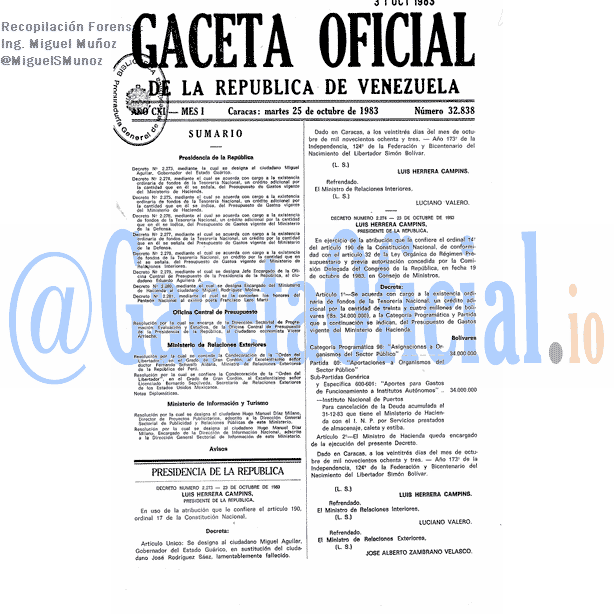 Gaceta Oficial 32838 del 25 Octubre 1983