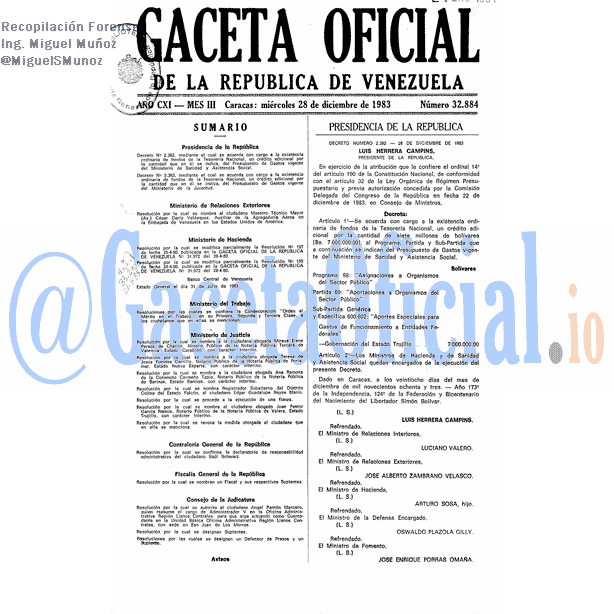 Gaceta Oficial 32884 del 28 Diciembre 1983