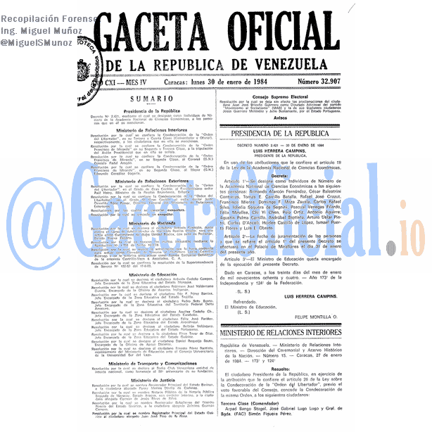 Gaceta Oficial 32907 del 30 Enero 1984