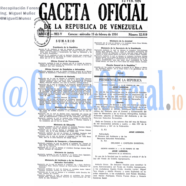 Gaceta Oficial 32919 del 15 Febrero 1984