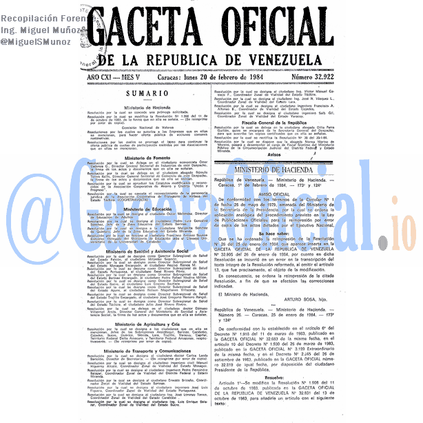 Gaceta Oficial 32922 del 20 Febrero 1984