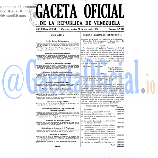 Gaceta Oficial 32946 del 27 Marzo 1984
