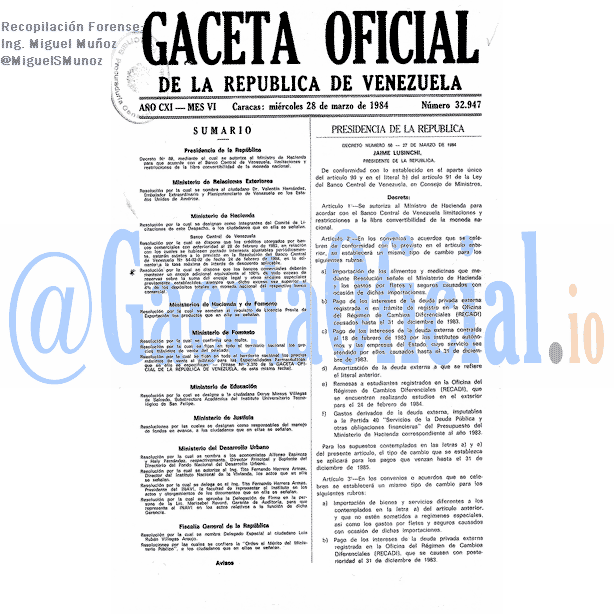 Gaceta Oficial 32947 del 28 Marzo 1984