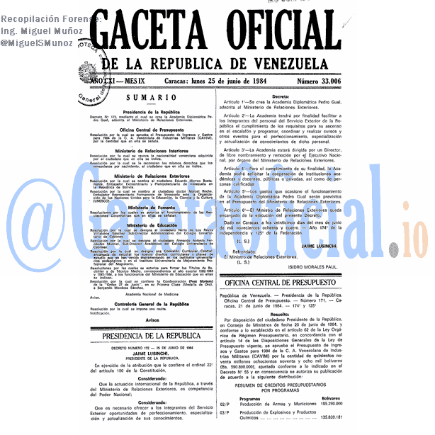 Gaceta Oficial 33006 del 25 Junio 1984