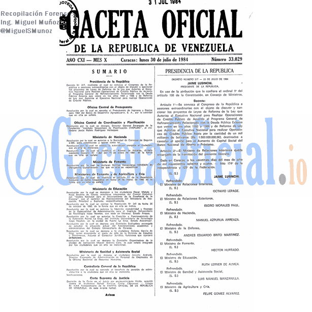 Gaceta Oficial 33029 del 30 Julio 1984
