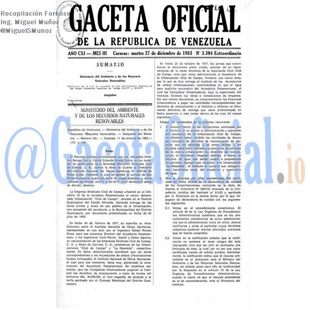 Gaceta Oficial 3304 del 27 Diciembre 1983