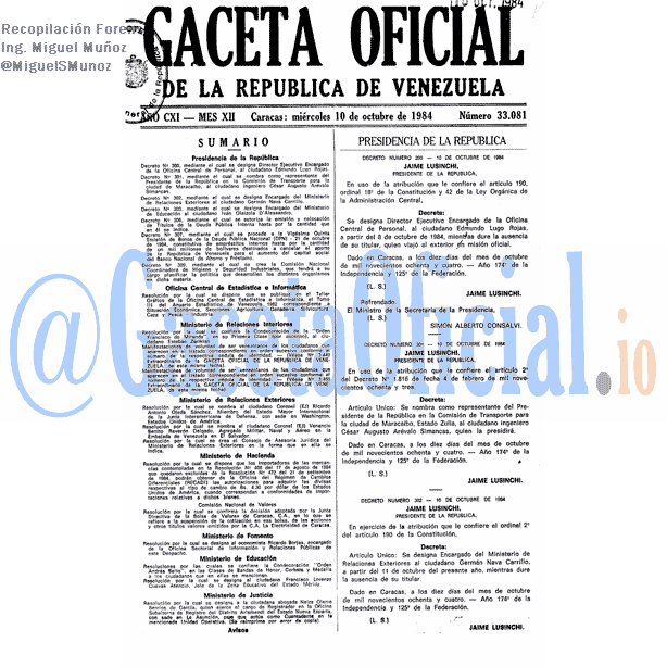 Gaceta Oficial 33081 del 10 Octubre 1984