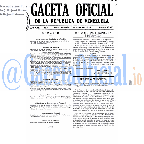 Gaceta Oficial 33085 del 17 Octubre 1984