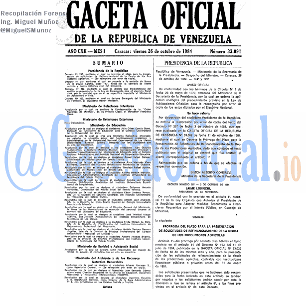 Gaceta Oficial 33091 del 26 Octubre 1984