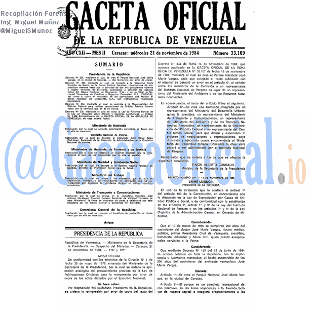 Gaceta Oficial 33109 del 21 Noviembre 1984
