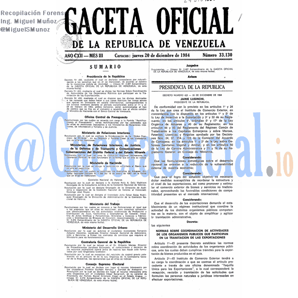 Gaceta Oficial 33130 del 20 Diciembre 1984