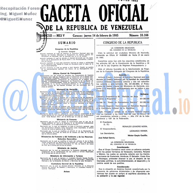 Gaceta Oficial 33166 del 14 Febrero 1985