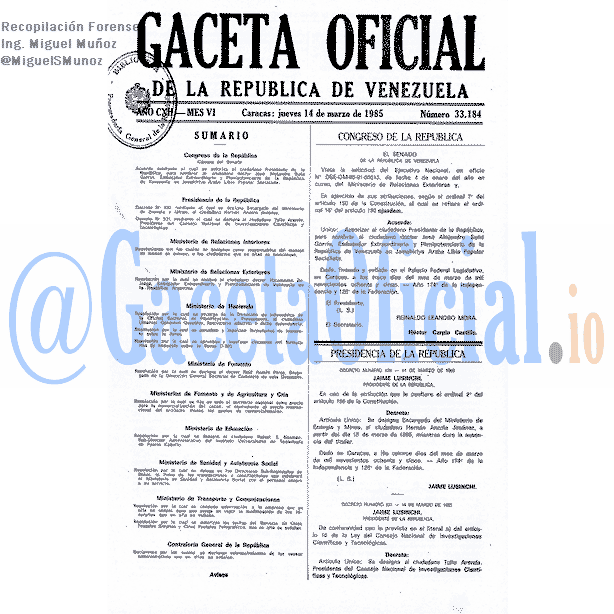 Gaceta Oficial 33184 del 14 Marzo 1985