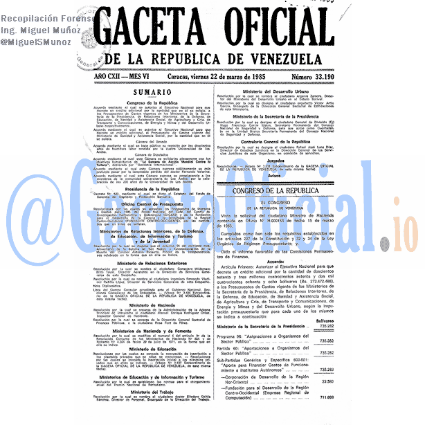 Gaceta Oficial 33190 del 22 Marzo 1985