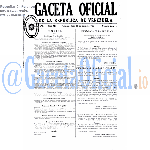 Gaceta Oficial 33241 del 10 Junio 1985