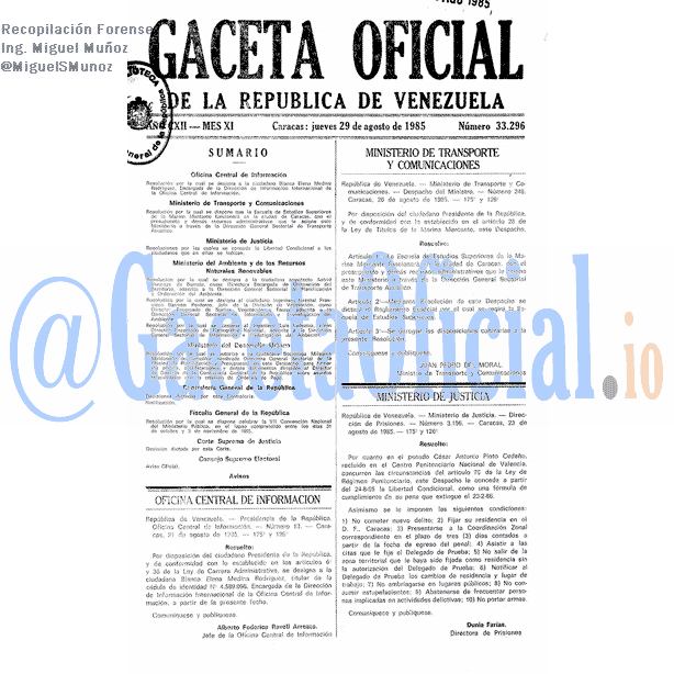 Gaceta Oficial 33296 del 29 Agosto 1985