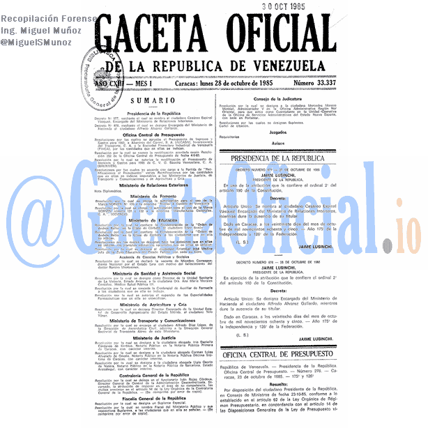 Gaceta Oficial 33337 del 28 Octubre 1985
