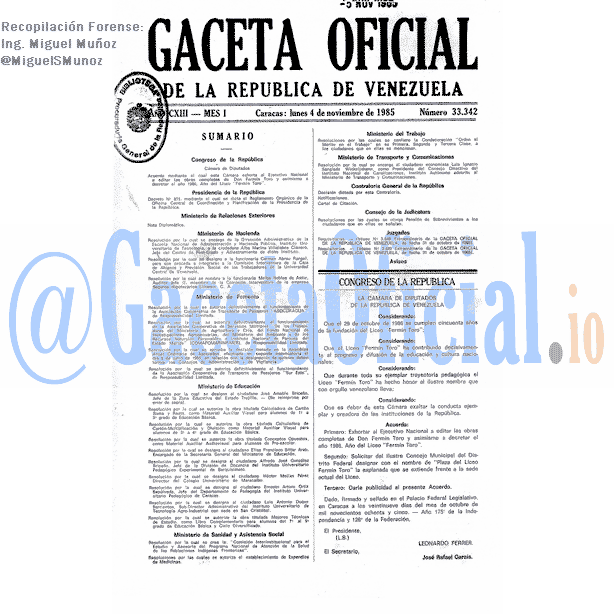 Gaceta Oficial 33342 del 4 Noviembre 1985