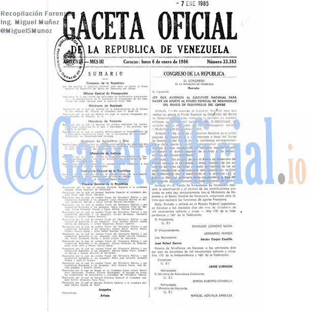 Gaceta Oficial 33383 del 6 Enero 1986