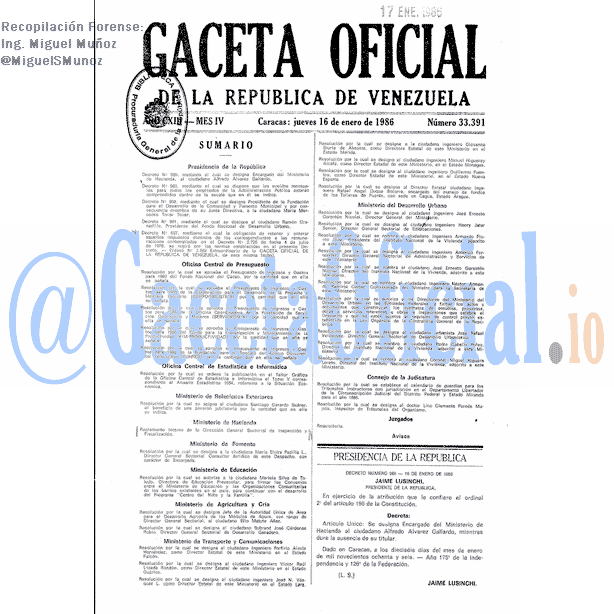 Gaceta Oficial 33391 del 16 Enero 1986