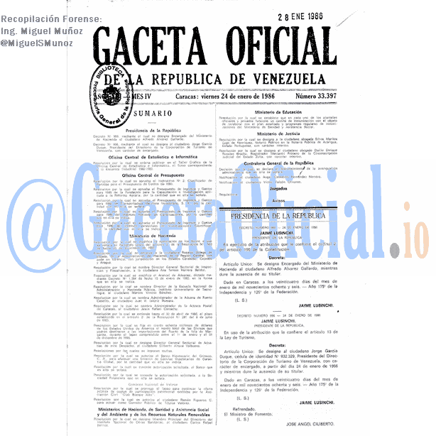 Gaceta Oficial 33397 del 24 Enero 1986
